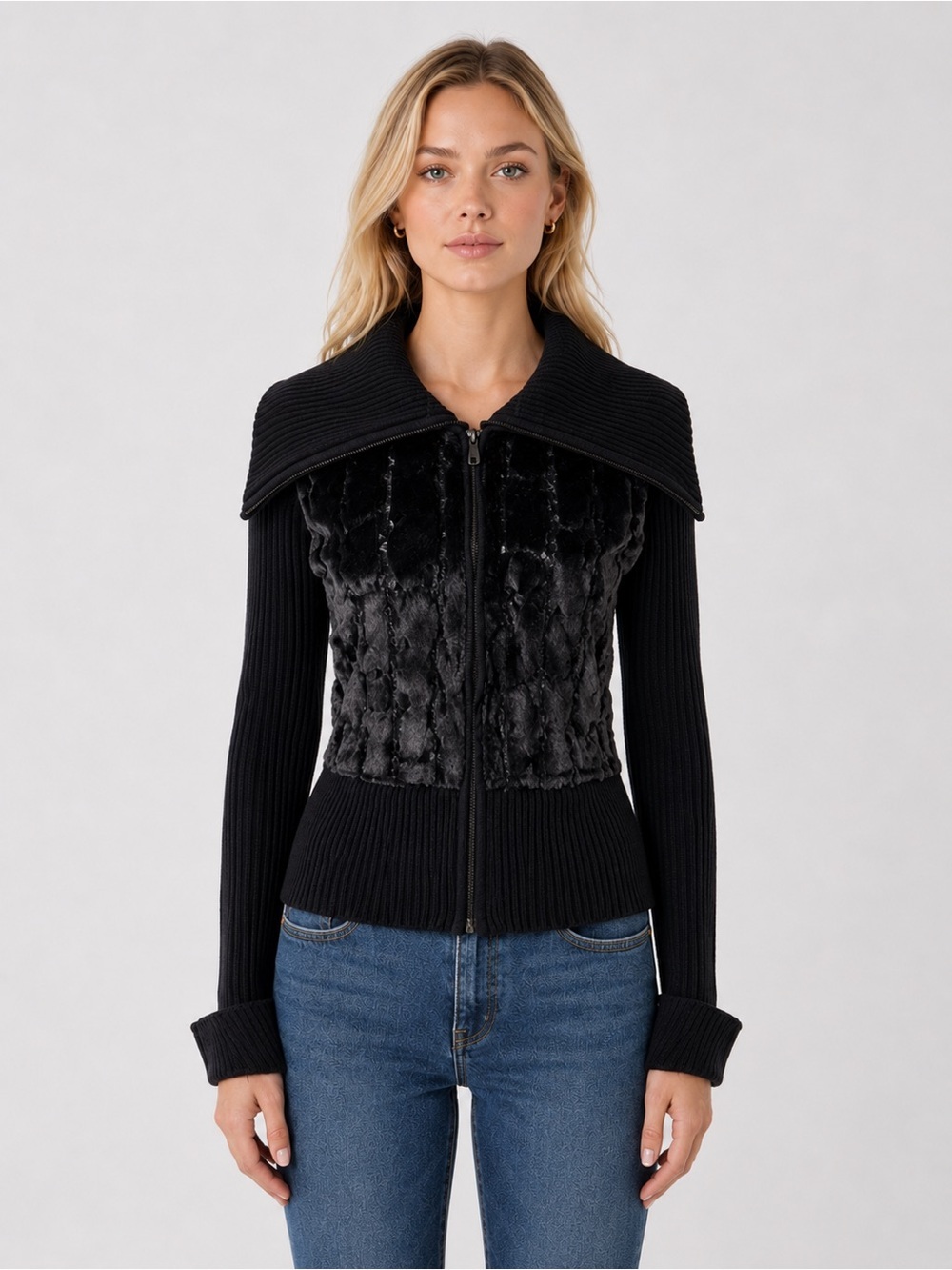 Cache Black Zip Up Sweater Jacket Wool Blend Faux Fur Beaded Chic Size L